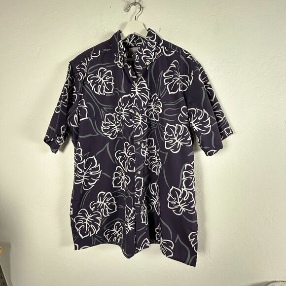 Reyn Spooner Mens Hawaiian Shirt Large Purple White Leaf Print Button-Down - Picture 1 of 7